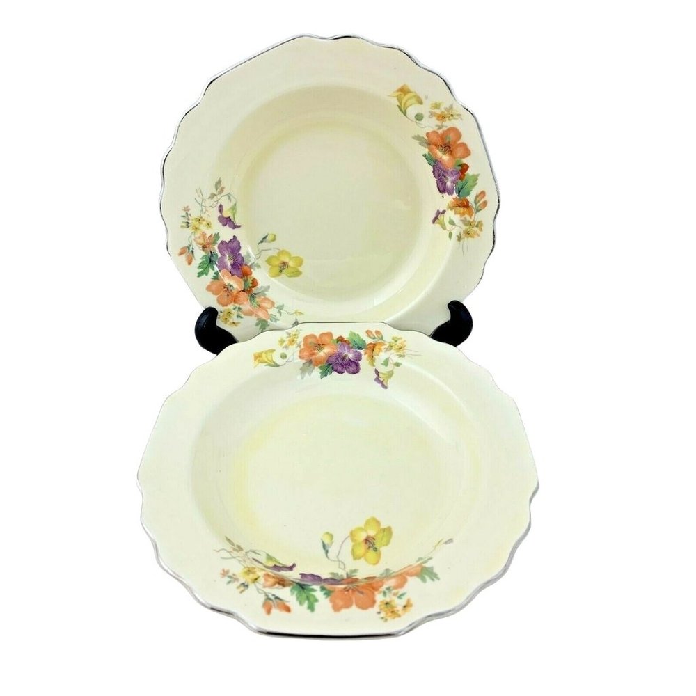 Vintage W.S. George Lido Canarytone - Pair of Rimmed Soup Bowls - 8" - Floral